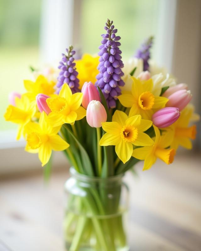 Lebhafter Frühlingsstrauß mit Tulpen, Hyazinthen und Narzissen