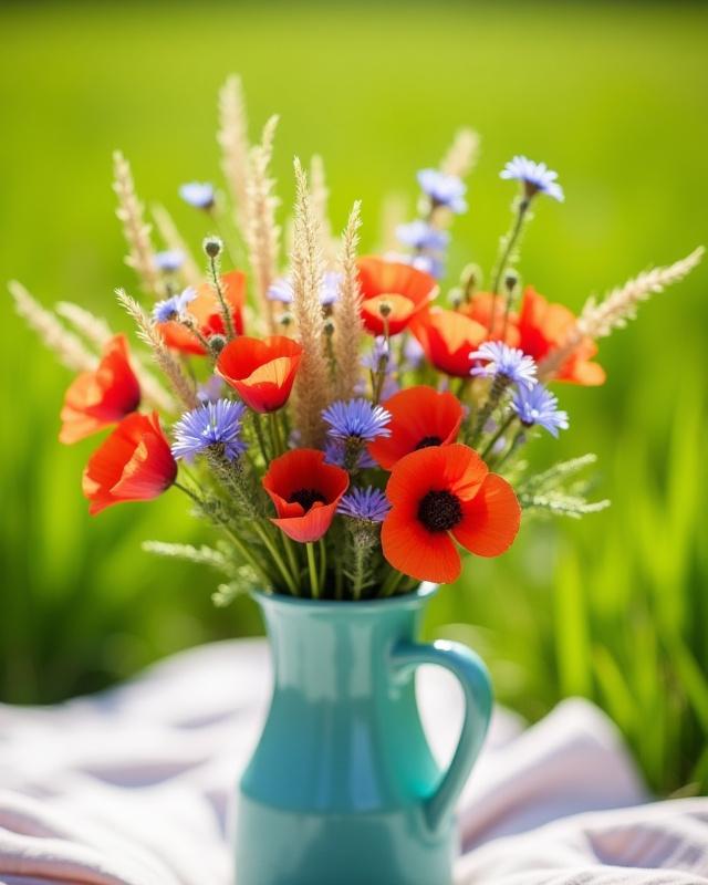 Fröhlicher Sommerstrauß mit Wiesenblumen und Gräsern