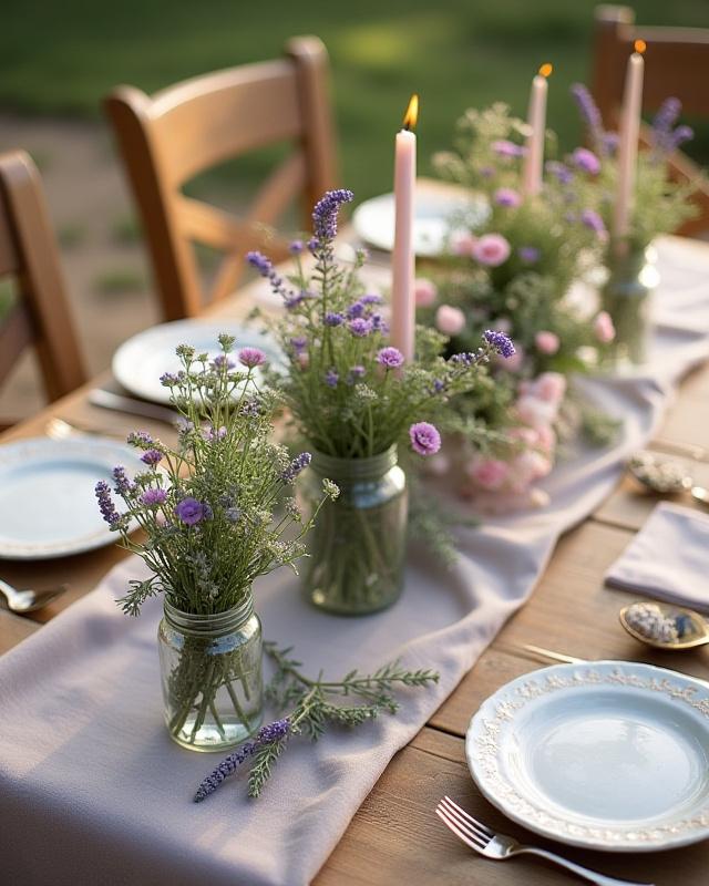 Romantische Tischdekoration für eine Landhochzeit mit Wildblumen